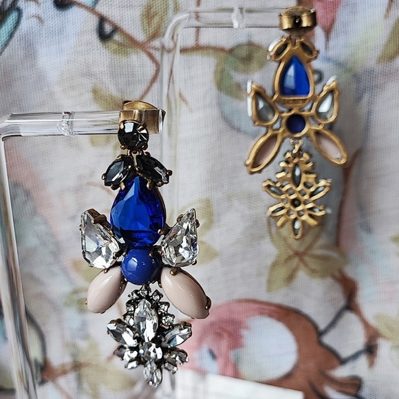 J. Crew Brand Sapphire Blue Opaque Cabachons Clear Rhinestones Pierced Earrings